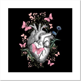 Floral and pink butterflies with Human Heart in love, vintage effect watercolor pink  flowers, Heart, anatomical Human heart Posters and Art